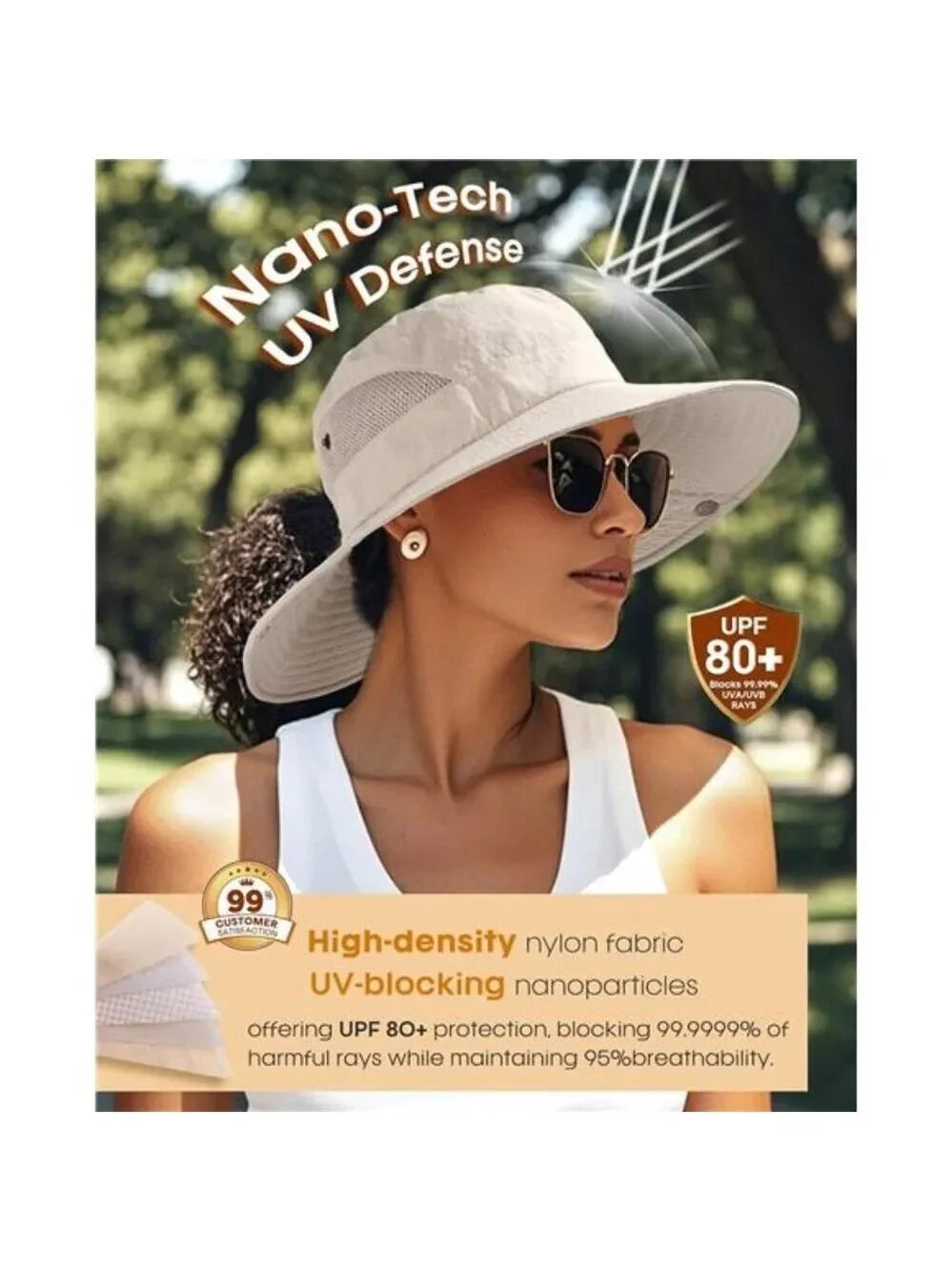 Womens Sun Hat UPF 80 Wide Brim Beach Hiking Outdoor Foldable Ponytail Hole Hat